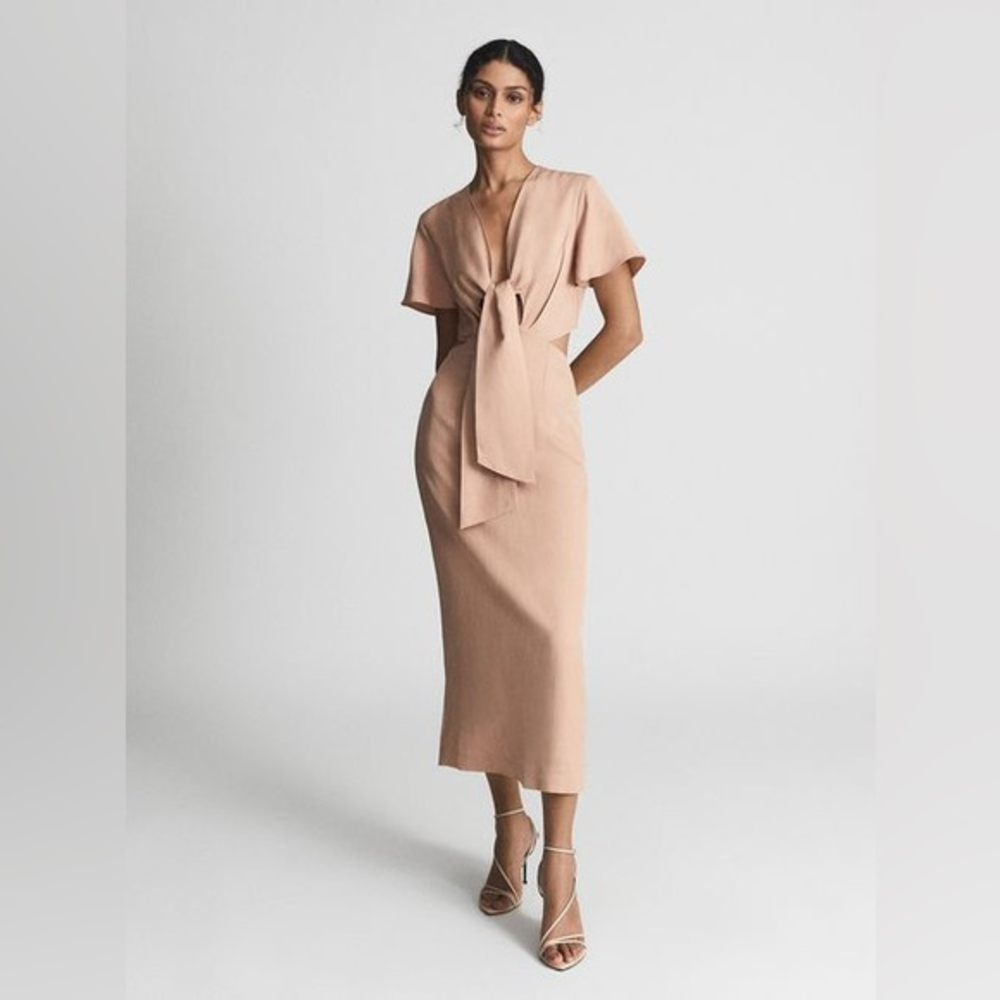 Reiss Iona Tie Waist Linen‎ Midi Dress NWT